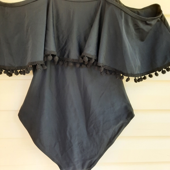 Tempt Me Black One Piece Pom Pom Ruffle Swimsuit Off Shoulder Swimwear Size M - Picture 9 of 12